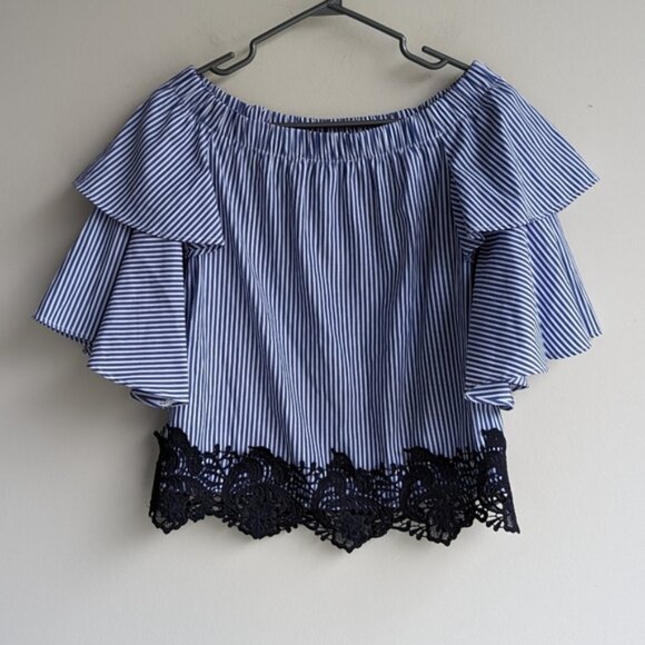 Zara off the shoulder ruffle puff sleeve striped lace blouse - Picture 2 of 6